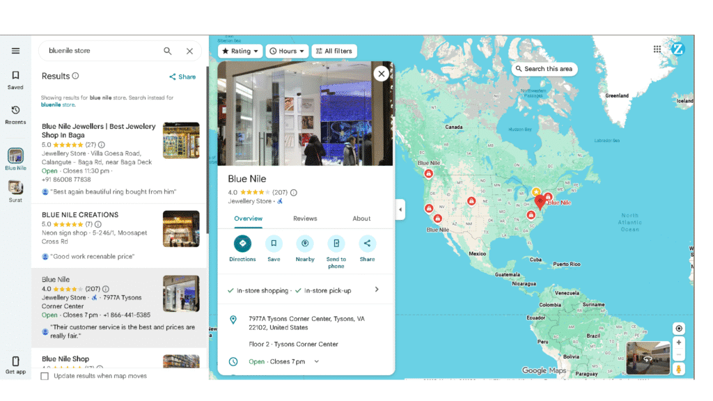 Blue Nile jewelry store Google Business Profile listing example for local SEO