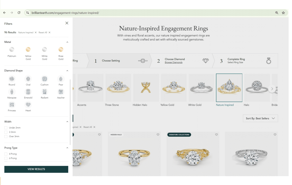 jewellery collection page navigation or filter