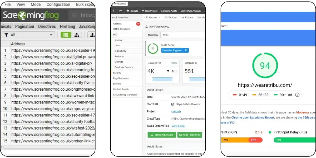 Screaming Frog, Sitebulb, PageSpeed Insights
